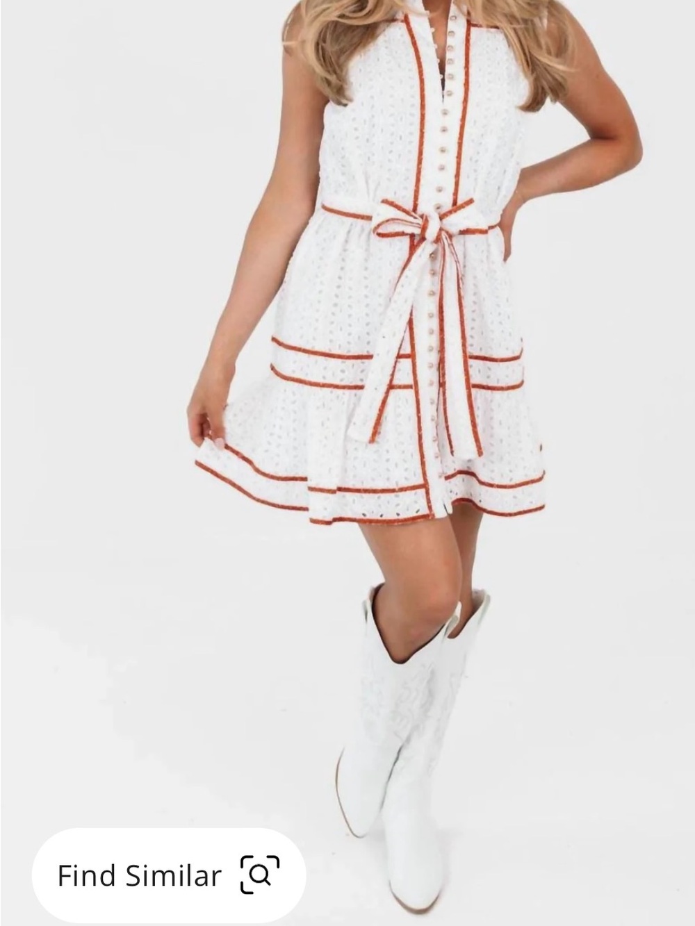 Sleeveless White Eyelet Dress with Burnt Orange Trim - Picture 5 of 5
